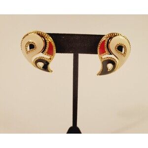 Vintage 1980s Paisley Enamel Avon Earrings Red Black White Gold Tone Pierced